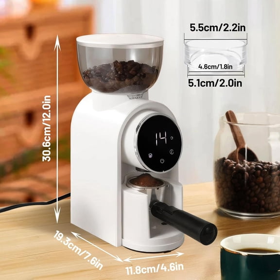 Electric Coffee Grinder Touchscreen 2-14 Cup Conical Burr Coffee Grinder with 25 Grinding Settings Cleaning Brush Grindable Espresso Drip Coffee French Press for Home Use 110V White