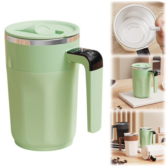 Electric Coffee Mug,Automatic Stirring Coffee Cup with Temperature Display Rechargeable Electric Coffee Cup, Stainless Steel Auto-Stirring Mug with Lid for Hot & Cold Beverages (Light green)