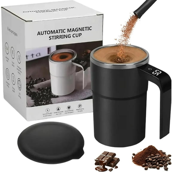 Electric Coffee Mug With a Built-In Lcd Thermometer, 380ML/13OZ Prevent Overflow Self-Stirring Magnetic Coffee Cup, Perfect for Brewing Coffee, Milk, Cocoa, Etc. (Black)