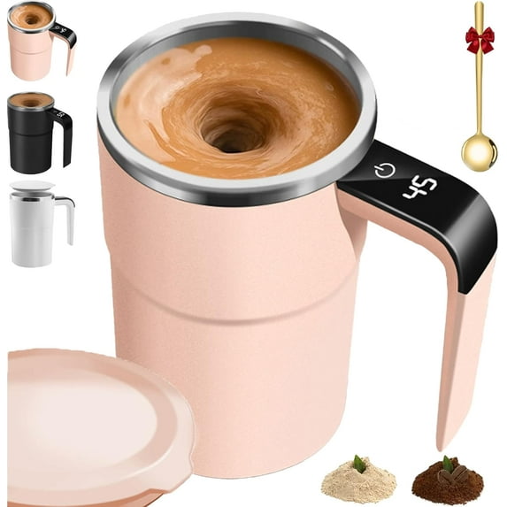 Electric Coffee Mug with a Built-in LCD Thermometer, Perfect for Brewing Coffee, Milk, Cocoa, Etc, 380ML/13OZ Rechargeable Self Mixing 304 Stainless Mug with Lid and Temp Display (Pink)