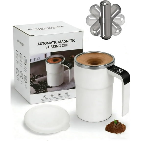 Electric Coffee Mug with A Built-in LCD Thermometer - Perfect for Brewing Coffee, Milk, Cocoa, Etc, Automatic Stirring Coffee Cup with Temperature Display, with Lid, Rechargeable Coffee Mug (White)