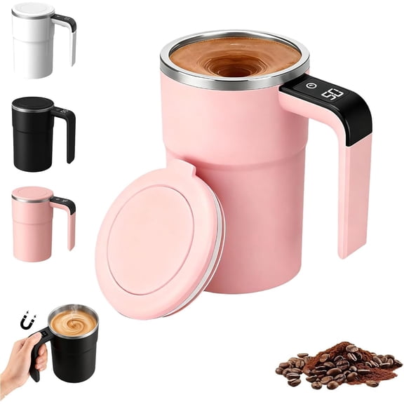 Electric Coffee Mug, Self Stirring 13oz Smart Mug with Temperature Display & Automatic Magnetic Mixing, Rechargeable Stainless Steel Travel Cup for Coffee, Milk & Cocoa.