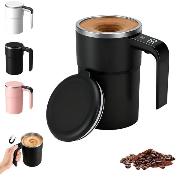 Electric Coffee Mug, Self Stirring 13oz Smart Mug with Temperature Display & Automatic Magnetic Mixing, Rechargeable Stainless Steel Travel Cup for Coffee, Milk & Cocoa.