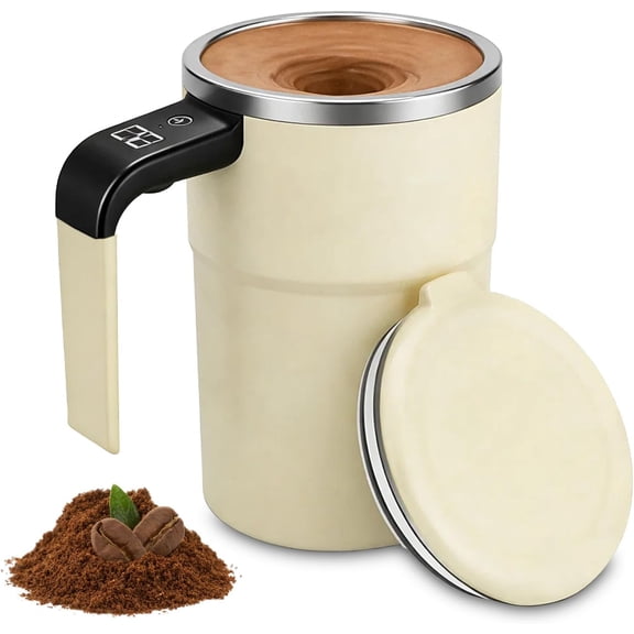 Electric Coffee Mug with A Built-In Lcd Thermometer, New Smart Self Mixing Coffee Mug with Lid for Coffees, Milk, Cocoa (Yellow)