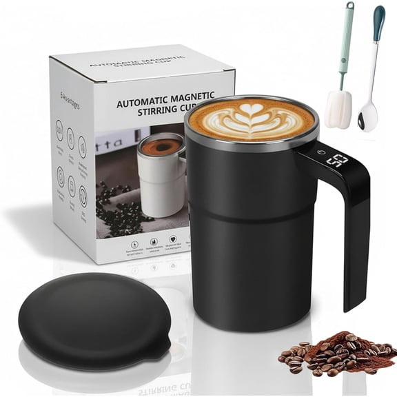 Electric Coffee Mug with A Built-in LCD Thermometer, 13 OZ Rechargeable Magnetic Self-Stirring Coffee Mug – Perfect for Brewing Coffee, Milk & Cocoa