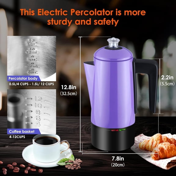 Electric Coffee Percolator 12 CUPS Percolator Coffee Pot Stainless Steel Percolator Coffee Maker with Clear Knob Cool-touch Handle Auto Keep Warm Function ()