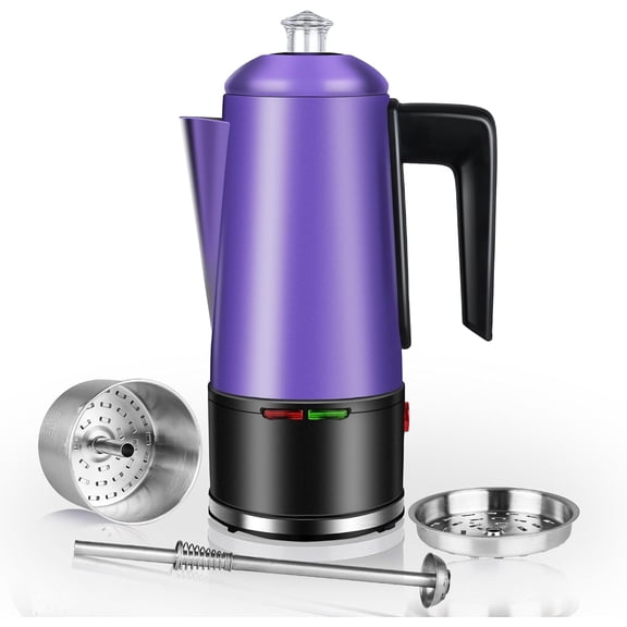Electric Coffee Percolator 12 CUPS Percolator Coffee Pot Stainless Steel Percolator Coffee Maker with Clear Knob Cool-touch Handle Auto Keep Warm Function Purple