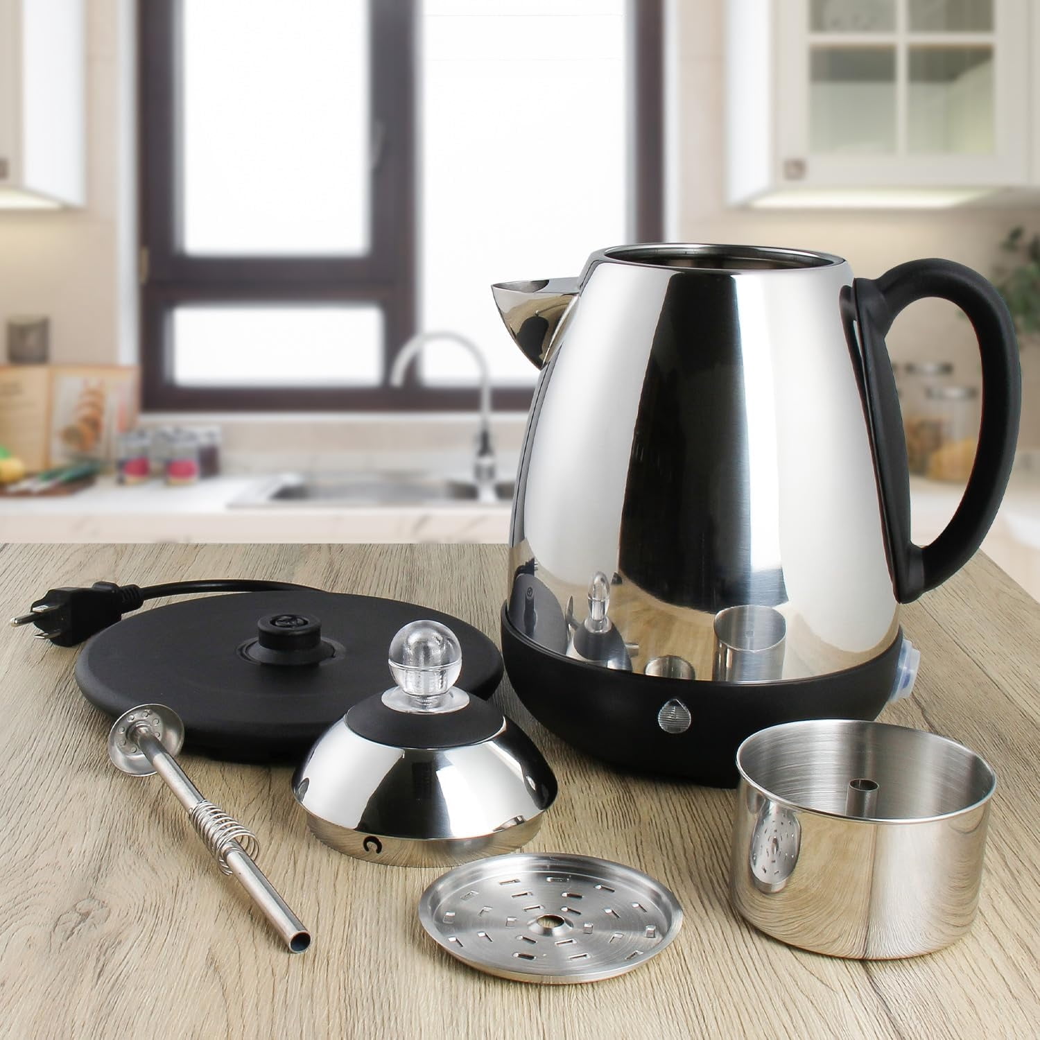 Electric Coffee Percolator Stainless Steel Coffee Maker with Clear Brew Progress Knob and No-Drip Spout Auto Keep Warm & Cordless Serving Coffee pot with On/OFF Switch Fast Brew (10 Cup)