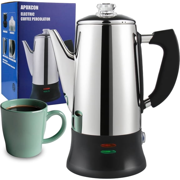 Electric Coffee Percolator Stainless Steel Coffee Maker with Heat Resistant Tough Glass Clear Brew Progress Knob, Classic Coffee Pot with Keep Warm Cordless Serve Cool Touch Handle 12 Cup