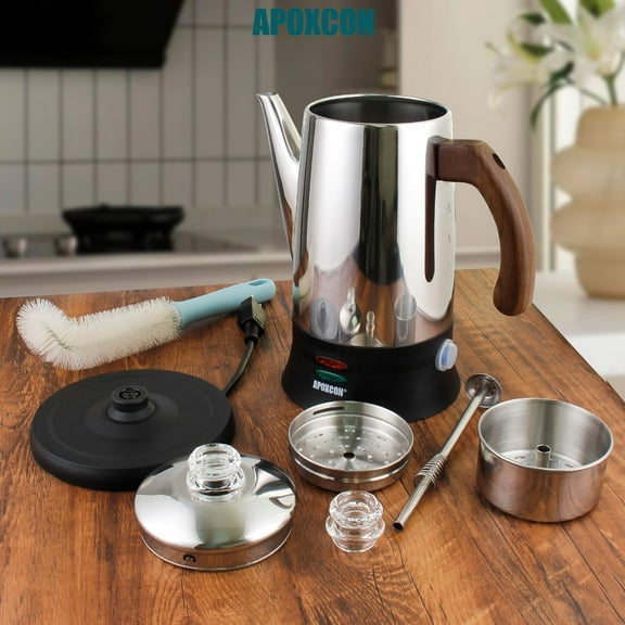 Electric Coffee Percolator Stainless Steel Coffee Pot with Two Tough Glass Clear Brew Progress Knob & Treated Solid Wood Handle & On/OFF Switch Auto Keep Warm Cordless Serve (8 Cup)
