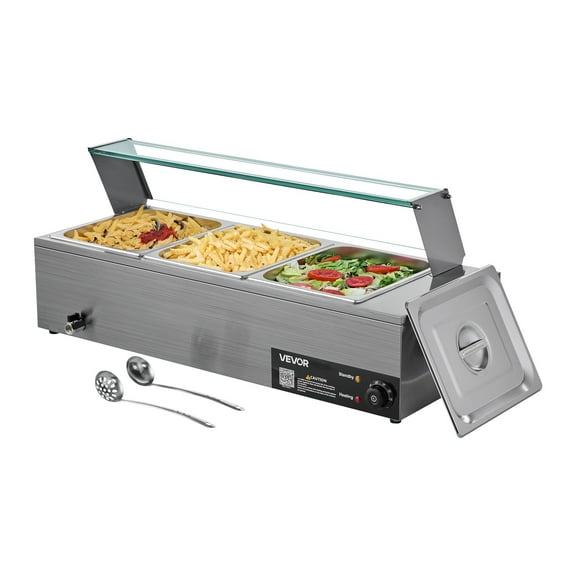 Electric Commercial Food Warmer, 1500W 3-Pan Stainless Steel Steam Table with Glass Lids & Ladles, Countertop Bain Marie for Catering, Buffet, Restaurants, Party, Keep Food Hot