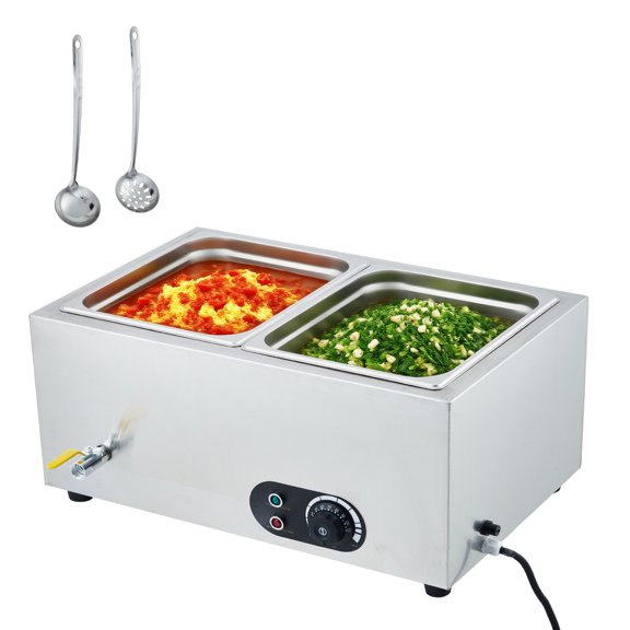 Electric Commercial Food Warmer, Stainless Steel Bain Marie Steam Table, 2-Pan Countertop Buffet Server with Temperature Control & Lids for Catering, Parties & Restaurants 110V
