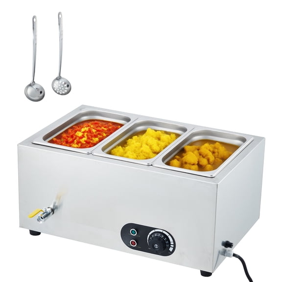 Electric Commercial Food Warmer, Stainless Steel Bain Marie Steam Table, 3-Pan Countertop Buffet Server with Temperature Control & Lids for Catering, Parties & Restaurants 110V