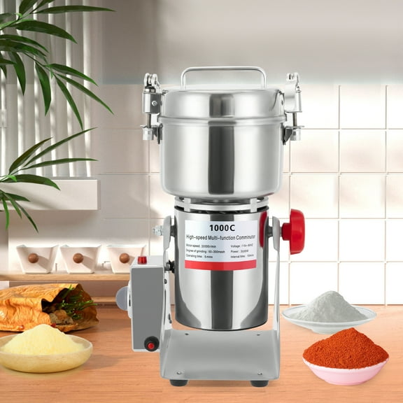 Electric Commercial Grain Grinder, Stainless Steel Spice Grinder with Intelligent Timer Countertop Grinding Machine for Grains, Spices, Coffee Beans (1000g)