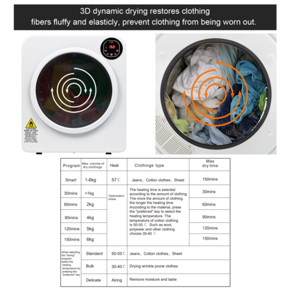 Electric Compact Laundry Clothes Dryer 13.2Ibs 6kg Tumble Dryer with