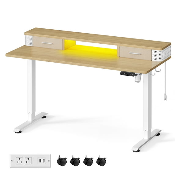 Electric Computer Desk, 23.6 x 55.1 Inches Adjustable Height Stand Desk with Built-in Power Strip, Beige
