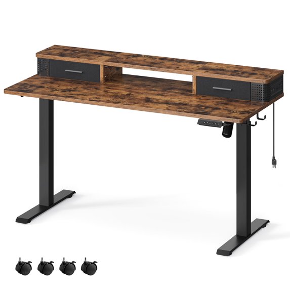 Electric Computer Desk, 23.6 x 55.1 Inches Adjustable Height Stand Desk with Built-in Power Strip, Dark Brown