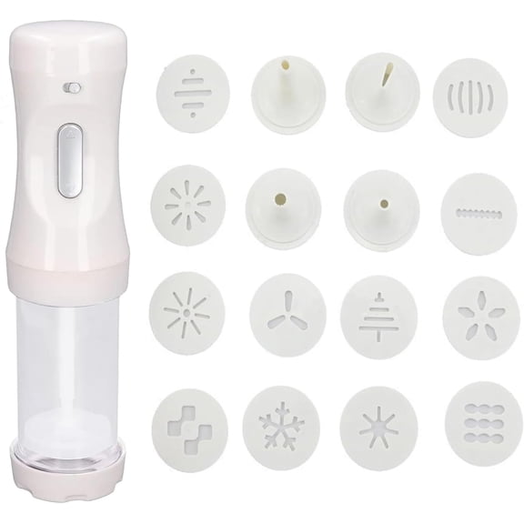 Electric Cookie Press Squeezer White Barrel Electric Decorating Tool with 12 Molds and 4 Decorating Nozzles for Cake Dessert DIY Maker and Decoration Baking Supplies