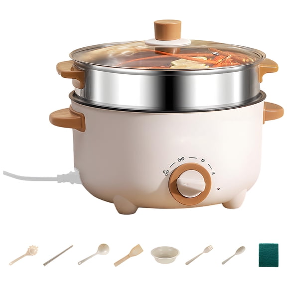 Electric Cooking Pot with Steamer, 2.6 Qt / 2.5 L Multi Hot Pot, 8.7 in / 22 cm, Non-Stick Ceramic Pot, Adjustable Temp, Includes Cookware Set, White, 800W, for Dorm