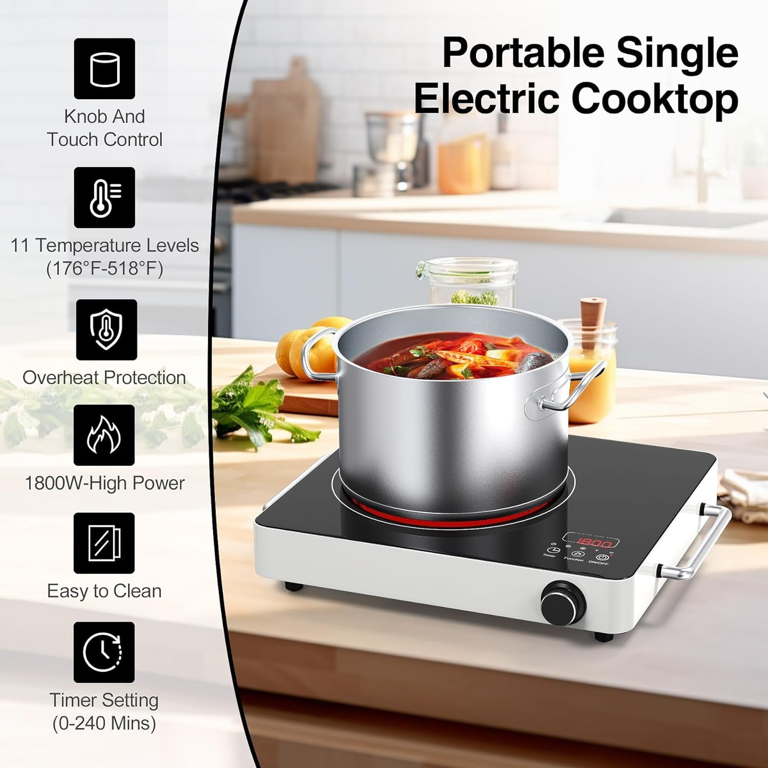 Electric Cooktop, 110V Touch and Knob Electric Stove Top, 1800W Single Burner With Handle, 9 Power Levels, Kids Safety Lock & 4H Timer, Portable, Black