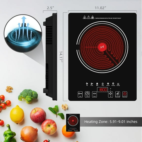 Electric Cooktop 1800W Single Stove with LED Touch Screen, 8 Power & Temp Levels, Timer, 110V-120V Hot Plate for Home Camping