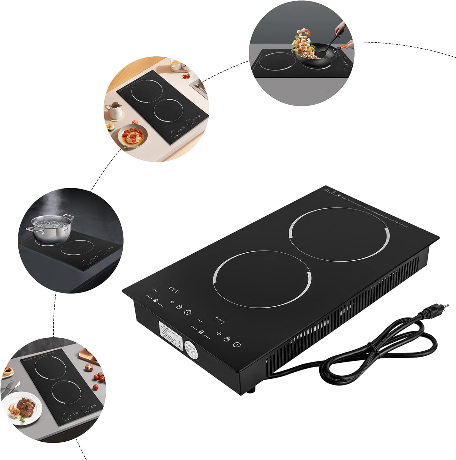 Electric Cooktop 2 Burner Portable Induction Cooker with Burner Independent Control Ultrathin Body 9 gears Temperature 1200W+1100W-Multiple Power Levels 110V-120V (for Pot 10.24in)