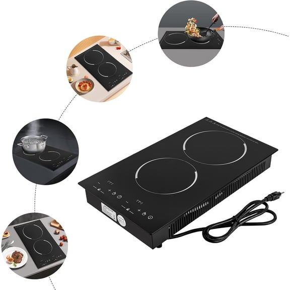 Electric Cooktop 2 Burner Portable Induction Cooker with Burner Independent Control Ultrathin Body 9 gears Temperature 1200W+1100W-Multiple Power Levels 110V-120V (for Pot 10.24in)