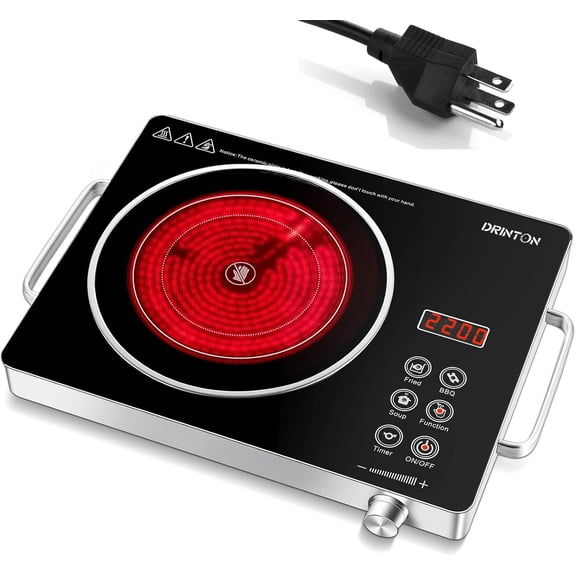 Electric Cooktop Hot Plate, 2200W 110V Single Burner with 2H Timer, Adjustable Temperature for Countertop Cooking, Portable Stove Top Infrared Cooker, Compatible All Cookwares