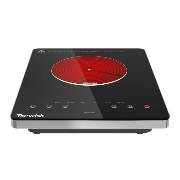Electric Cooktop, TOPWISH 110-120V Electric Stove Top Single Cooktop LED Touch Control, Child Lock, 10 Power Level, Residual Heat Indicator, 1300W Plug in Glass Countertop for Cooking Y101