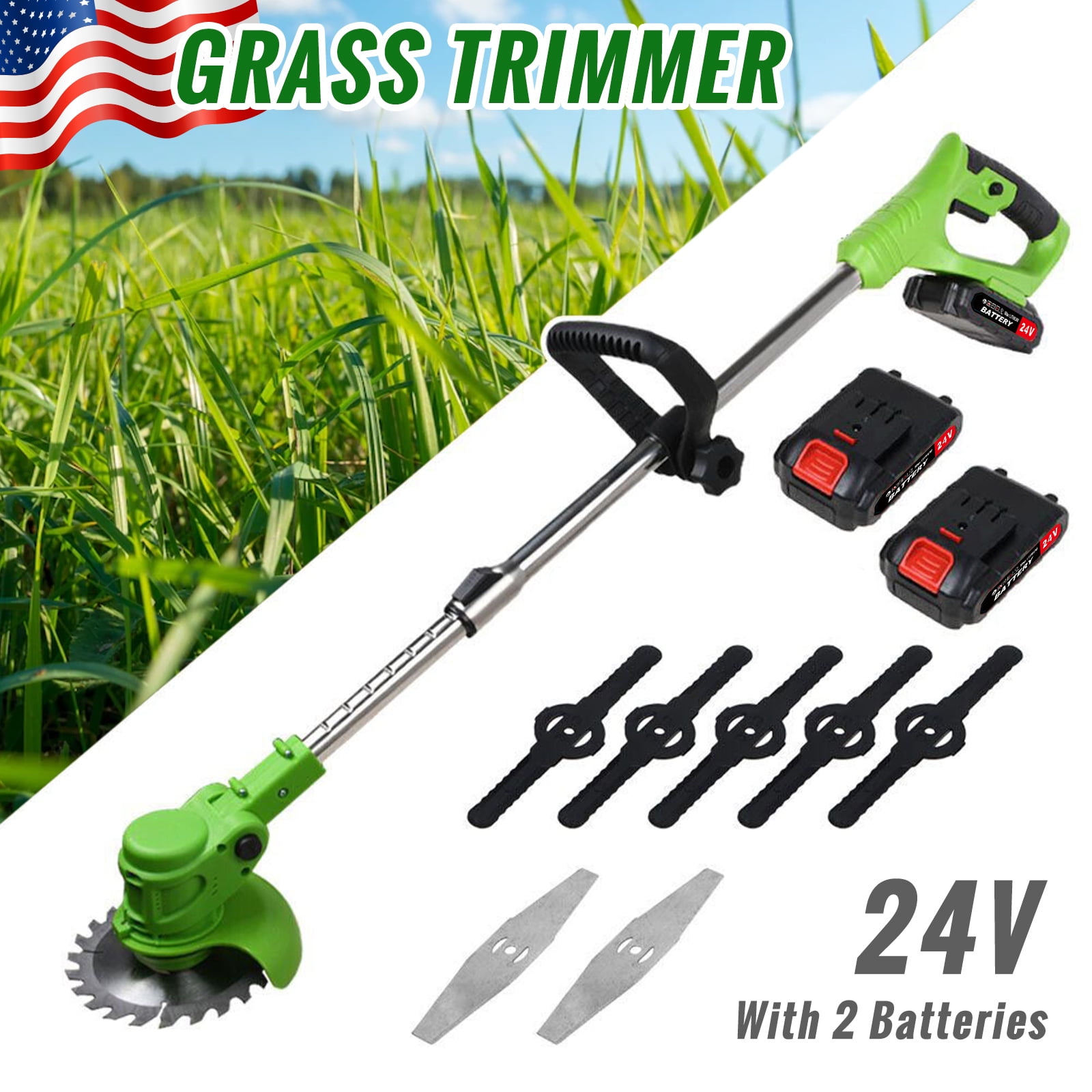 String Cut Machine Electric Cordless Grass String Trimmer Cutter with 2pcs Batteries, 24V ...