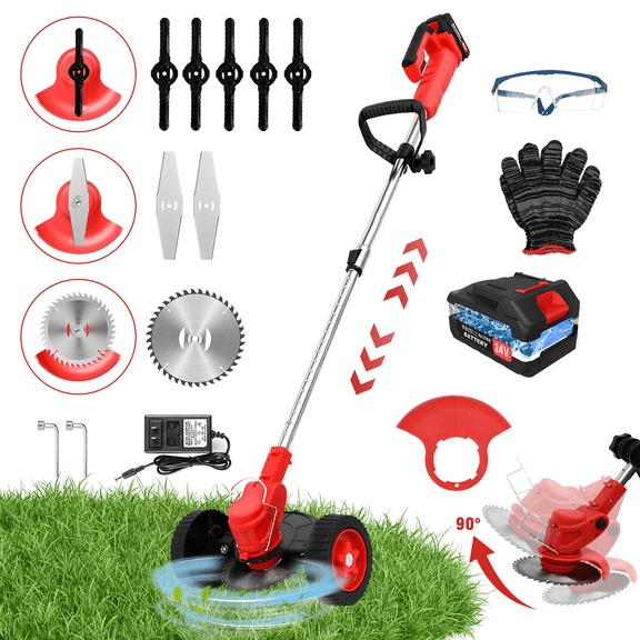 Electric Cordless Grass Trimmer, Cordless Weed Eaters Wacker, 24V 650W Battery Operated Weedeaters, Weed Lawn Edger Eater, Electric Grass Cuting Machine with Wheels for Garden Use