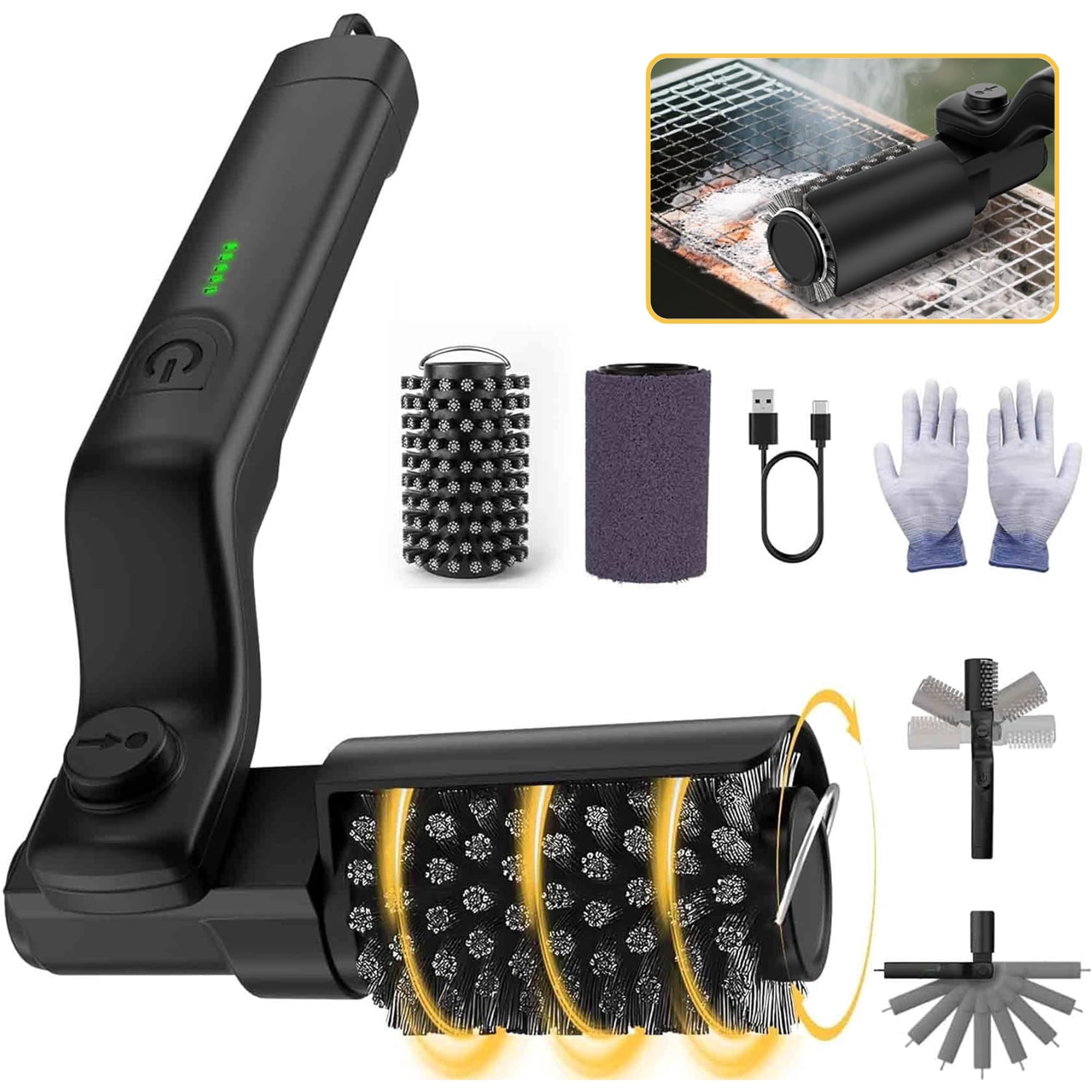 Electric Cordless Grill Brush with Adjustable Angle, 3-Speed Power Control, 304 Stainless Steel BBQ Grill Brush for BBQ Grates & Griddles (Black)