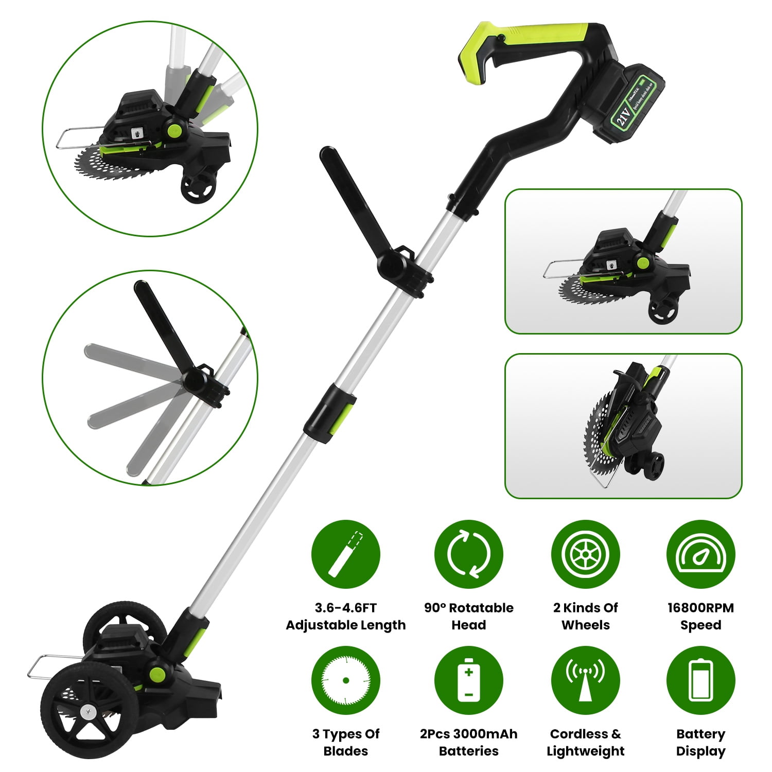 Electric Cordless String Trimmer Weed Eater 21V 16800RPM Brushless Motor 55In 2 Batteries 3000mAh 80Mins Run Time 3 Blades 90 Deg Rotate Head Garden Yard Lawn Edger with Wheels Goggles Gloves