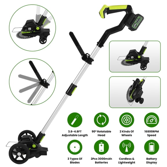 Electric Cordless String Trimmer Weed Eater 21V 16800RPM Brushless Motor 55In 2 Batteries 3000mAh 80Mins Run Time 3 Blades 90 Deg Rotate Head Garden Yard Lawn Edger with Wheels Goggles Gloves