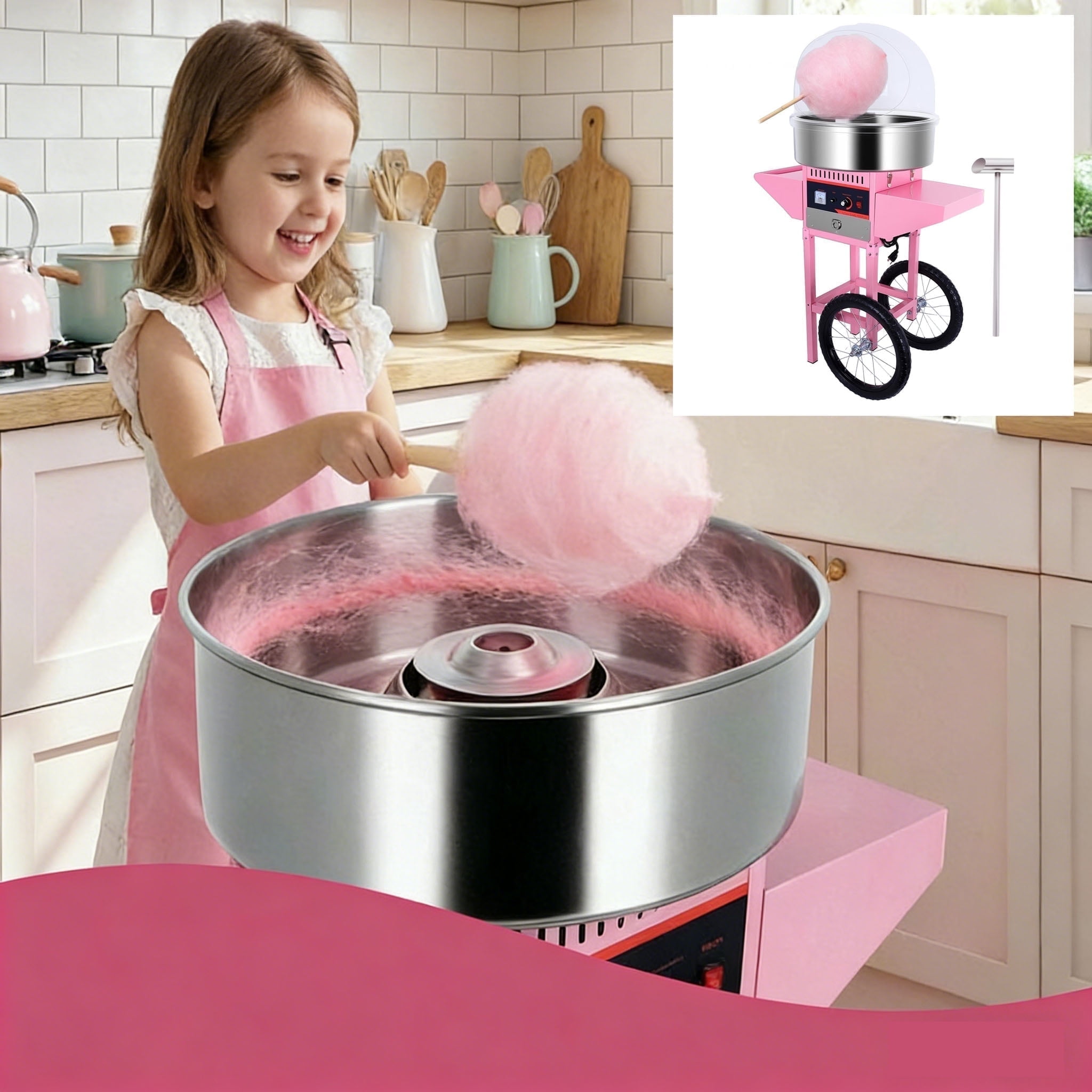 Electric Cotton Candy Machine Cart with Wheel,  1000W Commercial Floss Maker Stainless Steel Bowl, Sugar Scoop and Drawer for Home, Carnival, Kids Birthday, Family Party