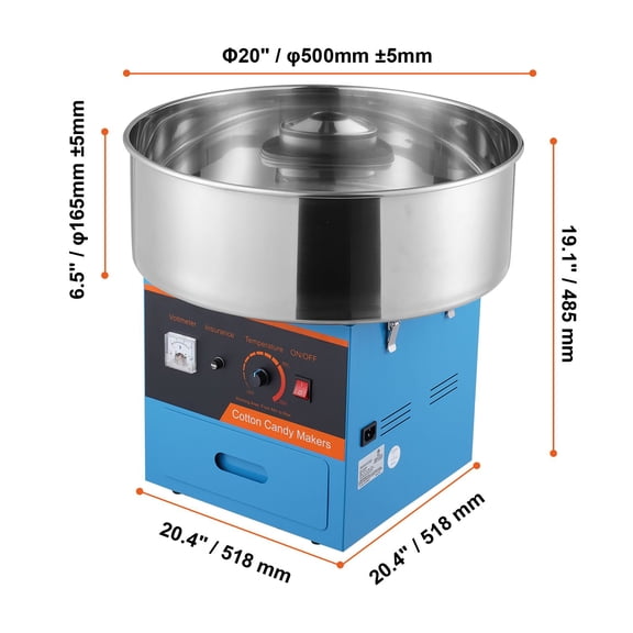 Electric Cotton Candy Machine 1000W Commercial Candy Floss Maker with Stainless Steel Bowl, Sugar Scoop, Storage Drawer, Temp Control for Birthday Parties, Carnivals, Festivals, Blue