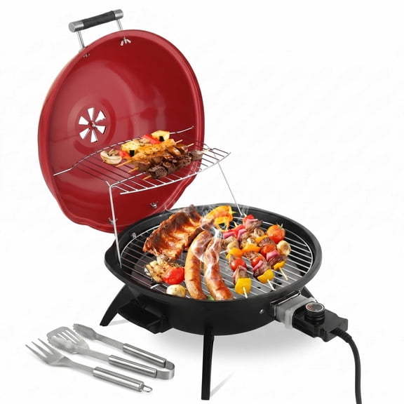 Electric Tabletop Grill, 1600W Portable BBQ Grill with Lid & Warming Rack, Indoor/Outdoor