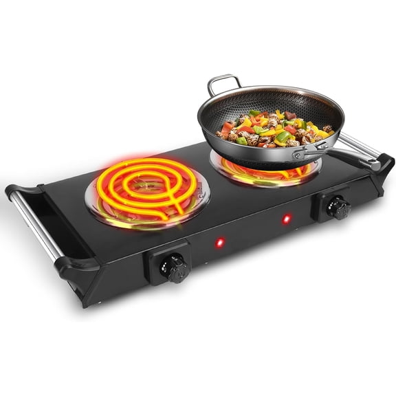 Electric Countertop Double Burner, 2000W Cooktop with Coil Hot Plate & Stay Cool Handles, 5 Level Temperature Control, Easy to Clean, Indicator Lights, Cooking Stove for Office Home Camping Use