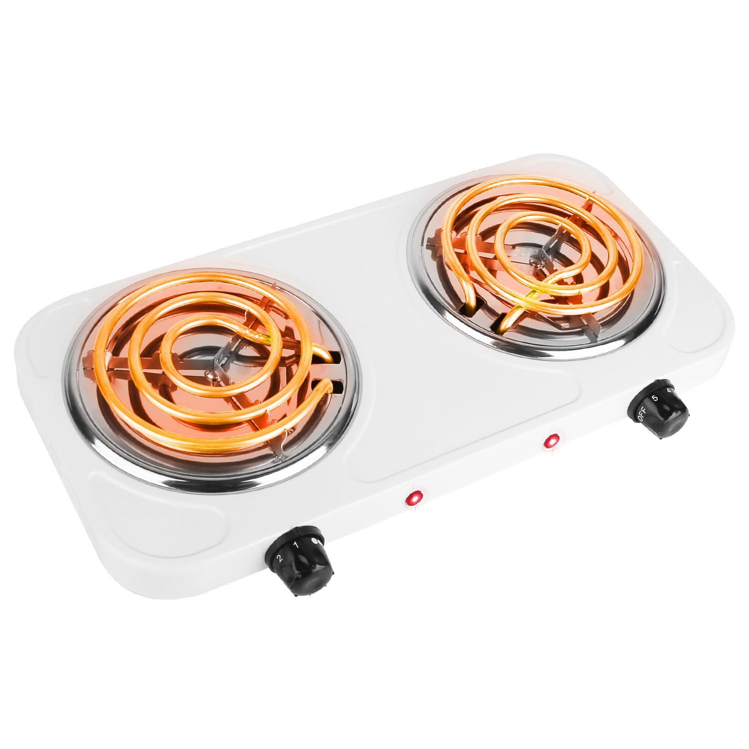 Electric Countertop Double Burner 2000W Portable Coil Heating Hot Plate Stove 5 Level Temperature Control with Non Slip Rubber Feet Easy to Clean White