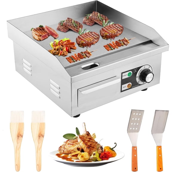 Electric Countertop Flat Top Griddle, 14" 1600W 110V Non-Stick Stainless Steel Teppanyaki Grill, 122-572 Adjustable Temperature for Restaurant Home