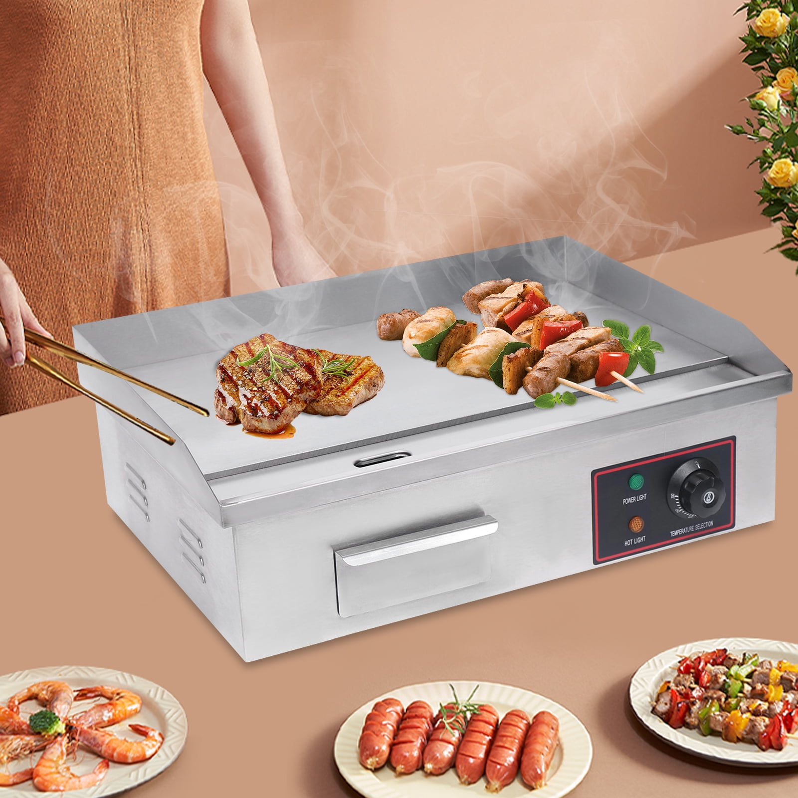 Electric Countertop Flat Top Griddle,Commercial Stainless Steel Grill Griddle Stove with Adjustable Temperature Control,Non-Stick Restaurant Grill Flat for Home BBQ Plate