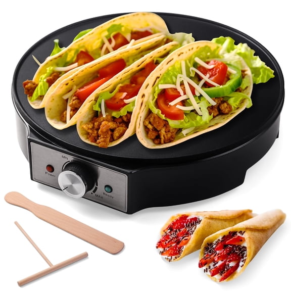 Electric Crepe Maker 12'' & Griddle - Non-stick Pan With Spreader For Roti Tortilla Blintzes Pancakes Adjustable Temperature 1000w