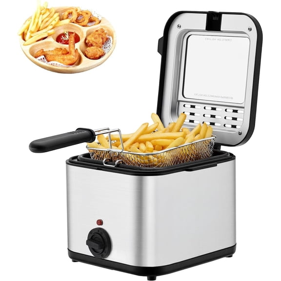 Electric Deep Fryer, 110V/50Hz 1000W Stainless Steel Small Deep Fryer with Basket & Lid,2.5L Deep Fryer Pot Adjustable Temperature Control for Kitchen Use