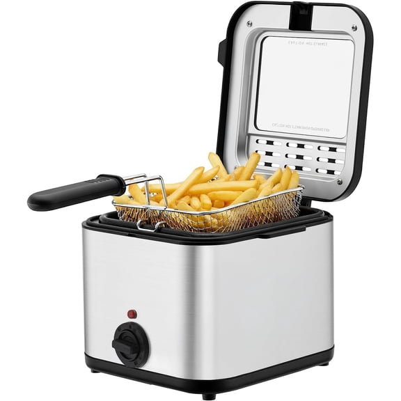 Electric Deep Fryer With Basket, 1000W Stainless Steel Deep Fryer, Countertop Small Fryer, 2.5 L Oil Capacity, w/View Window, Oil Dripping Hook & Adjustable Temp Control,