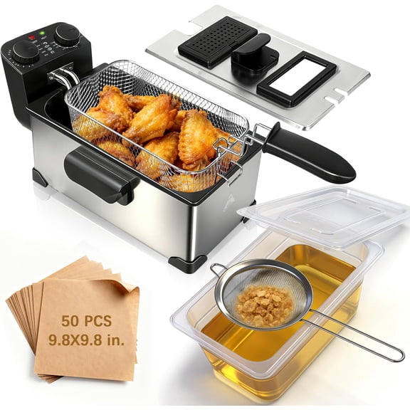 Electric Deep Fryer with Basket 1600W 3L Oil Filtration Timer Temperature Control Viewing Window Stainless Steel Fine Mesh Strainer Oil Storage Container Bestseling