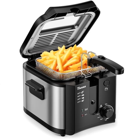 TINANA Electric Deep Fryer with Basket and Lid, 5.9 Qt Enamel Fry Pot, 2.6 Qt Oil Capacity, Stainless Steel Oil Fryer for Home, Chicken & French Fries Maker, Easy Clean Deep Fat Fryer