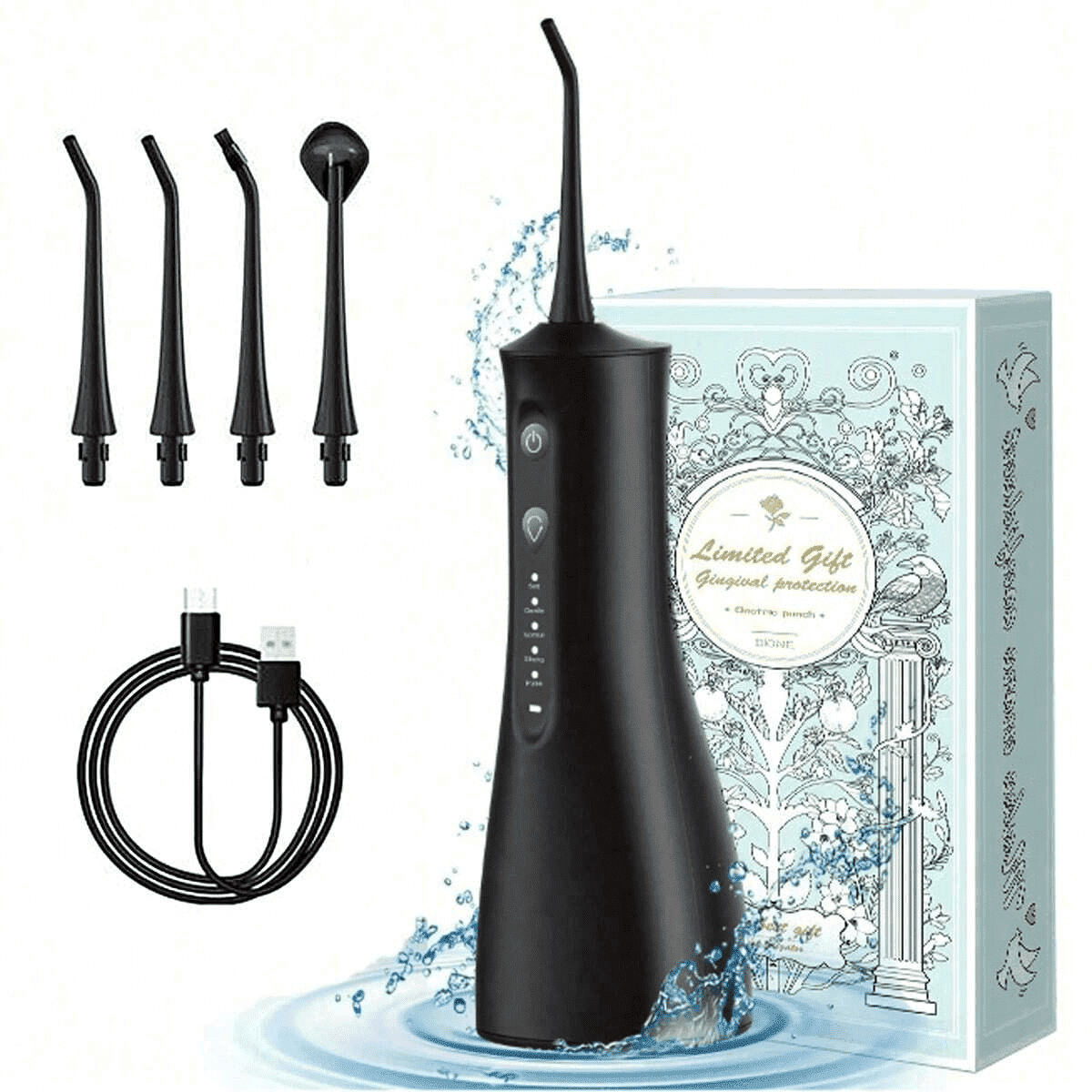 Gonramedo Water Flosser Dental Teeth Cleaner - 300ML Larger Tank Water, Oral Irrigator with 5 Modes and 5 Jet Tips IPX7 Waterproof for Home and Travel