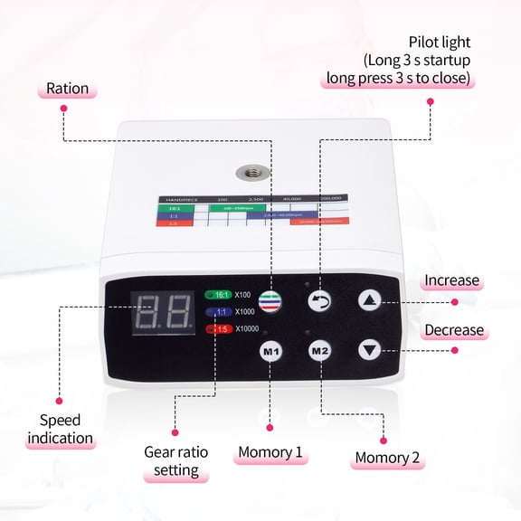 Electric Dental Handpiece System with Fiber Optic LED Light  3 Adjustable Speeds (100-2,500 RPM, 2,000-40,000 RPM, 10,000-200,000 RPM), 16:1, 1:1, 1:5 Ratios