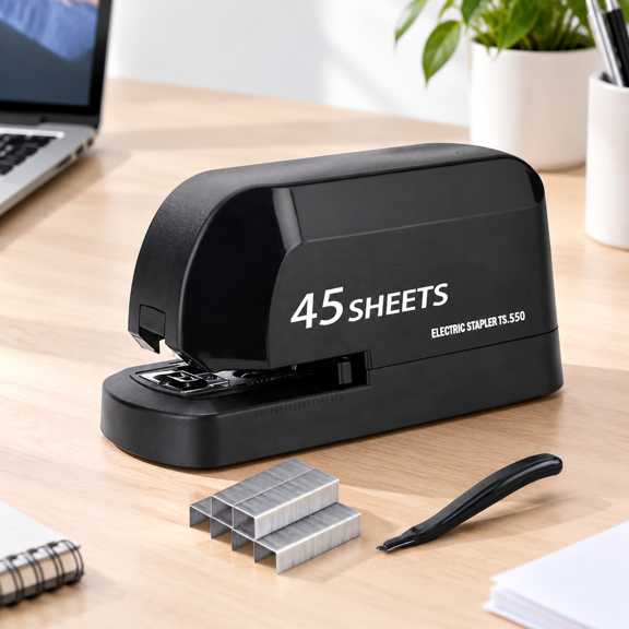 Electric Desktop Stapler, 45-Sheet Capacity, AC-Operated Heavy Duty, Black