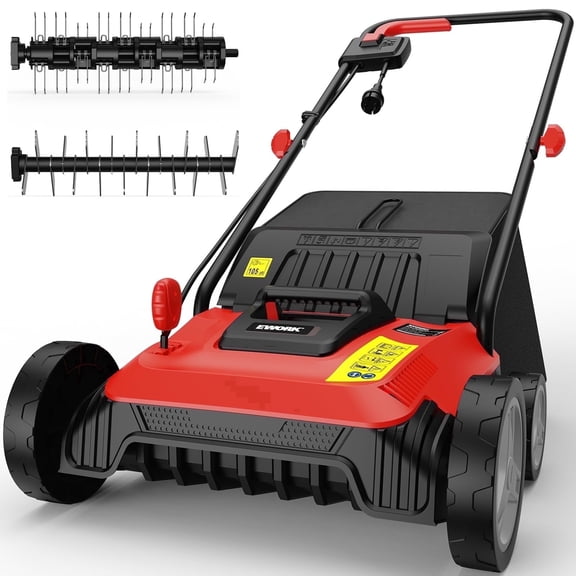EWORK Electric Dethatcher and Scarifier 14-Inch 12 Amp with Grass Catchers | 2-in-1 Lawn Dethatcher and Aerator with 9.2 Gal Collection Bag, Blade Replacement without Tool, 5-Position Depth Adjustmen